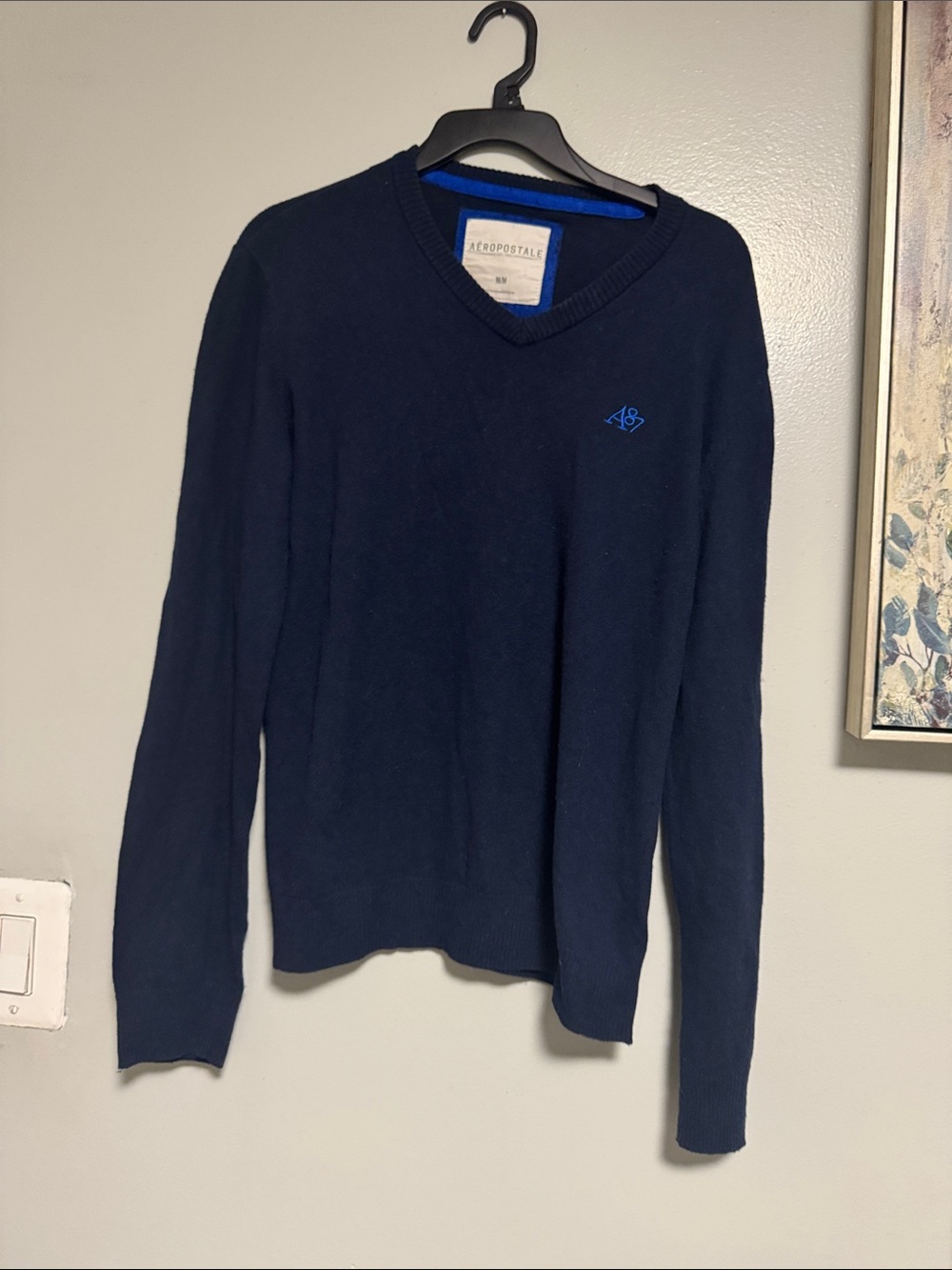 Aeropostale Men's Navy V-Neck Sweater with Blue Logo Accent